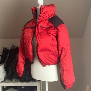 red nylon puffer coat